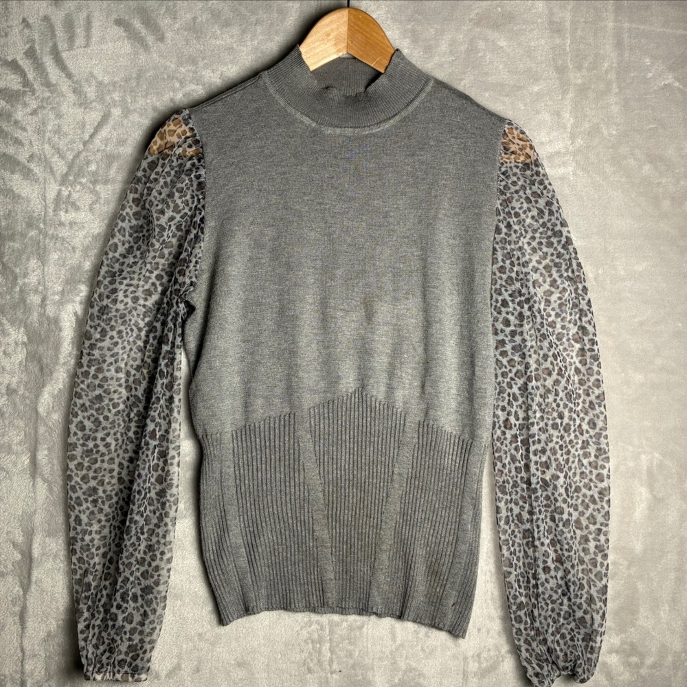 A Love Story Gray Mock Neck Sweater Leopard Sheer Balloon Sleeve Top Medium